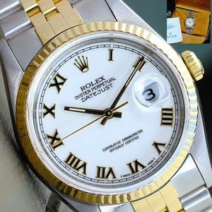 ROLEX MENS DATEJUST WATCH GOLD STEEL WHITE ROMAN DIAL FLUTED 36MM W/BOX &PAPERS